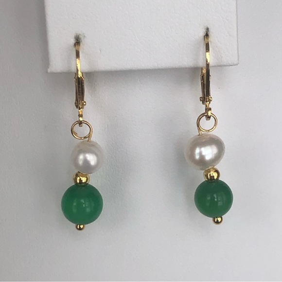 7-8mm Freshwater Pearl & Green Jade Beads Necklace Bracelet & Earrings Set - Picture 2 of 3